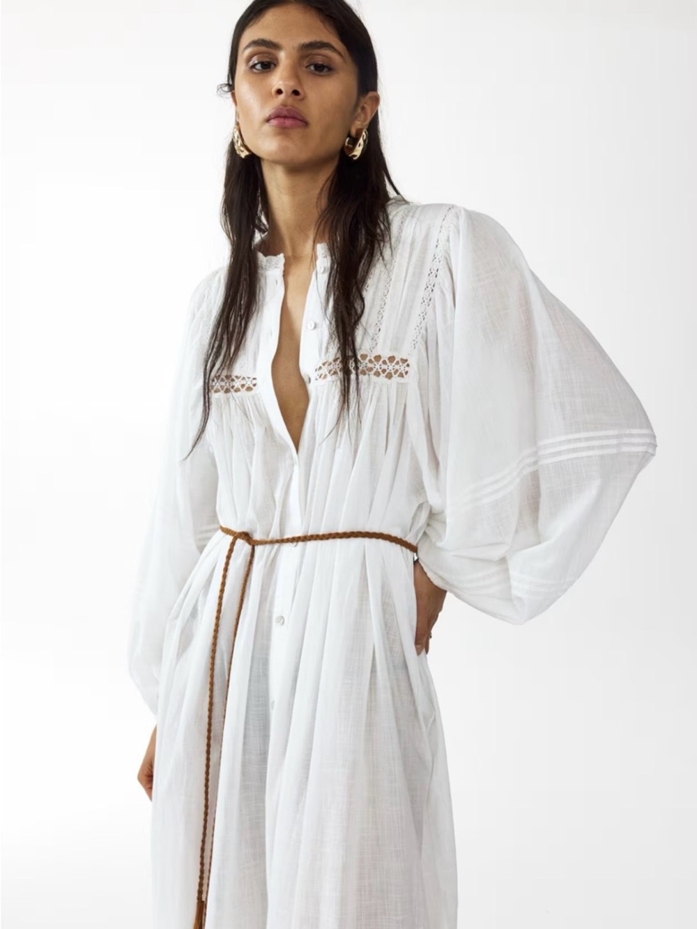 H&M White Long Sleeve Gauze Maxi Dress with Braided Belt